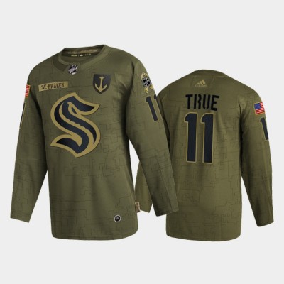 Seattle Seattle Kraken #11 Alexander True Men's Adidas Veterans Day 2022 Military Appreciation NHL Jersey Olive